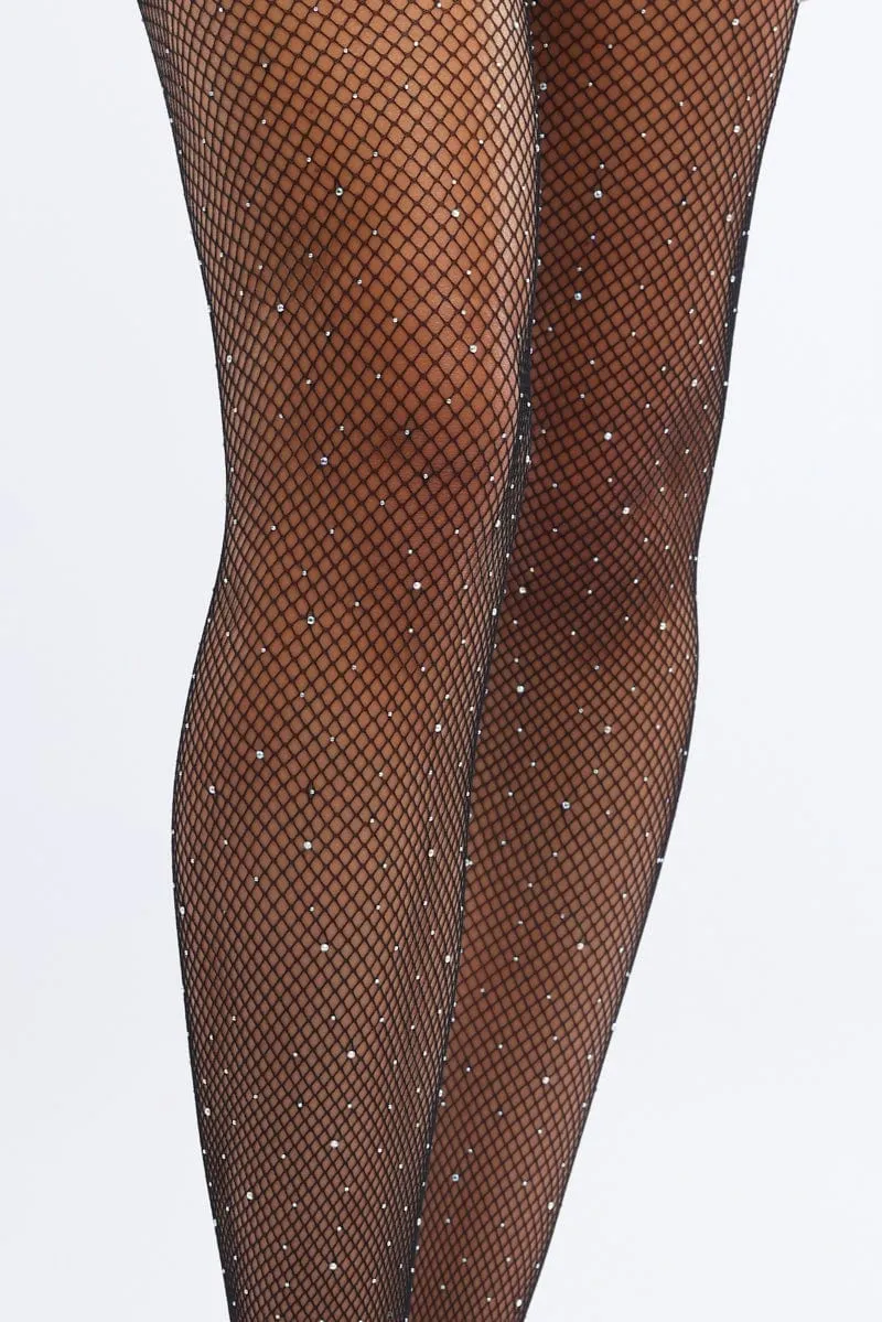 Black Rhinestones Fishnet Tights