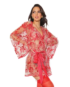Coquette Embroidered Tulle Sheer Robe Red Flowers