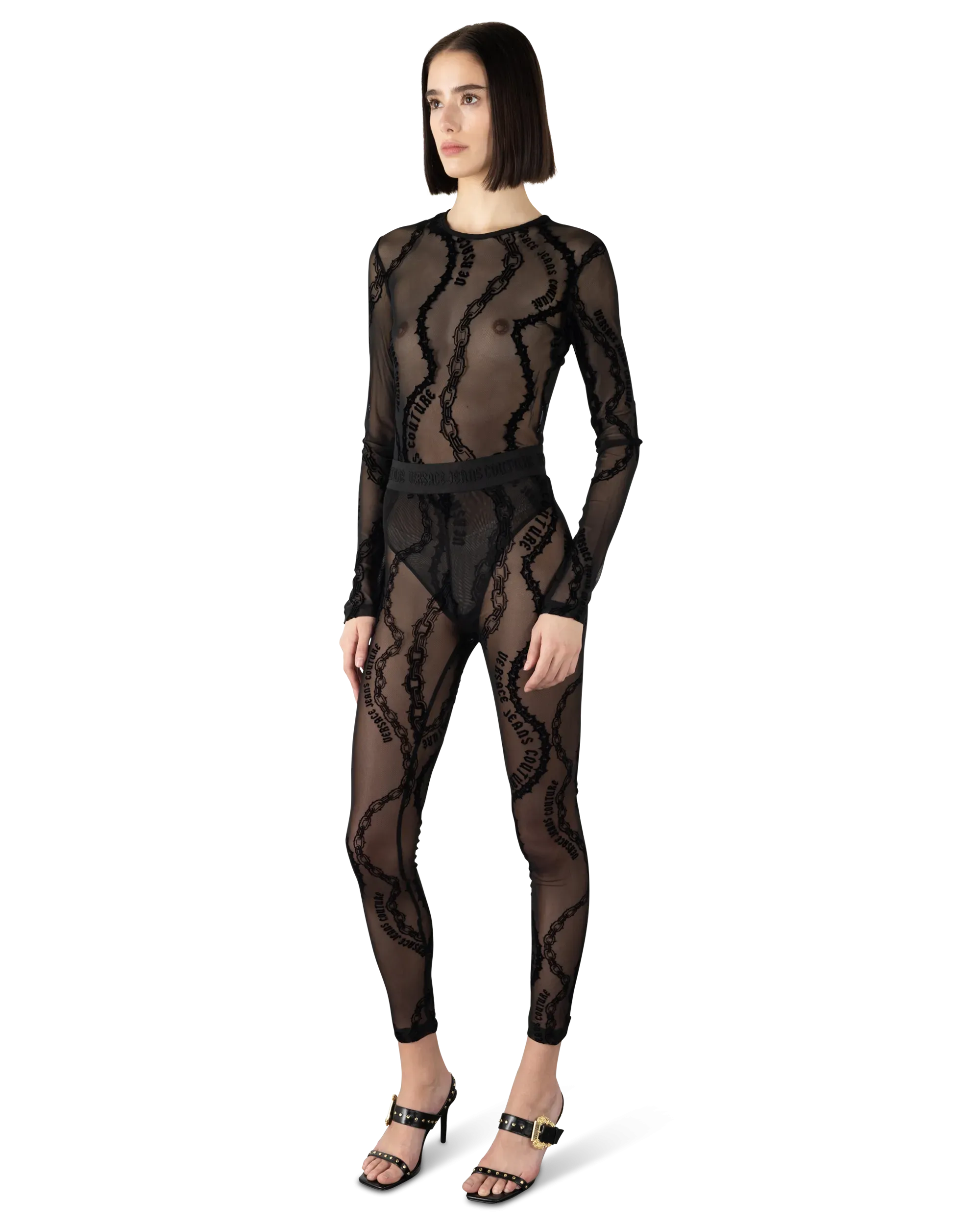 Flocked Chain-Print Mesh Leggings