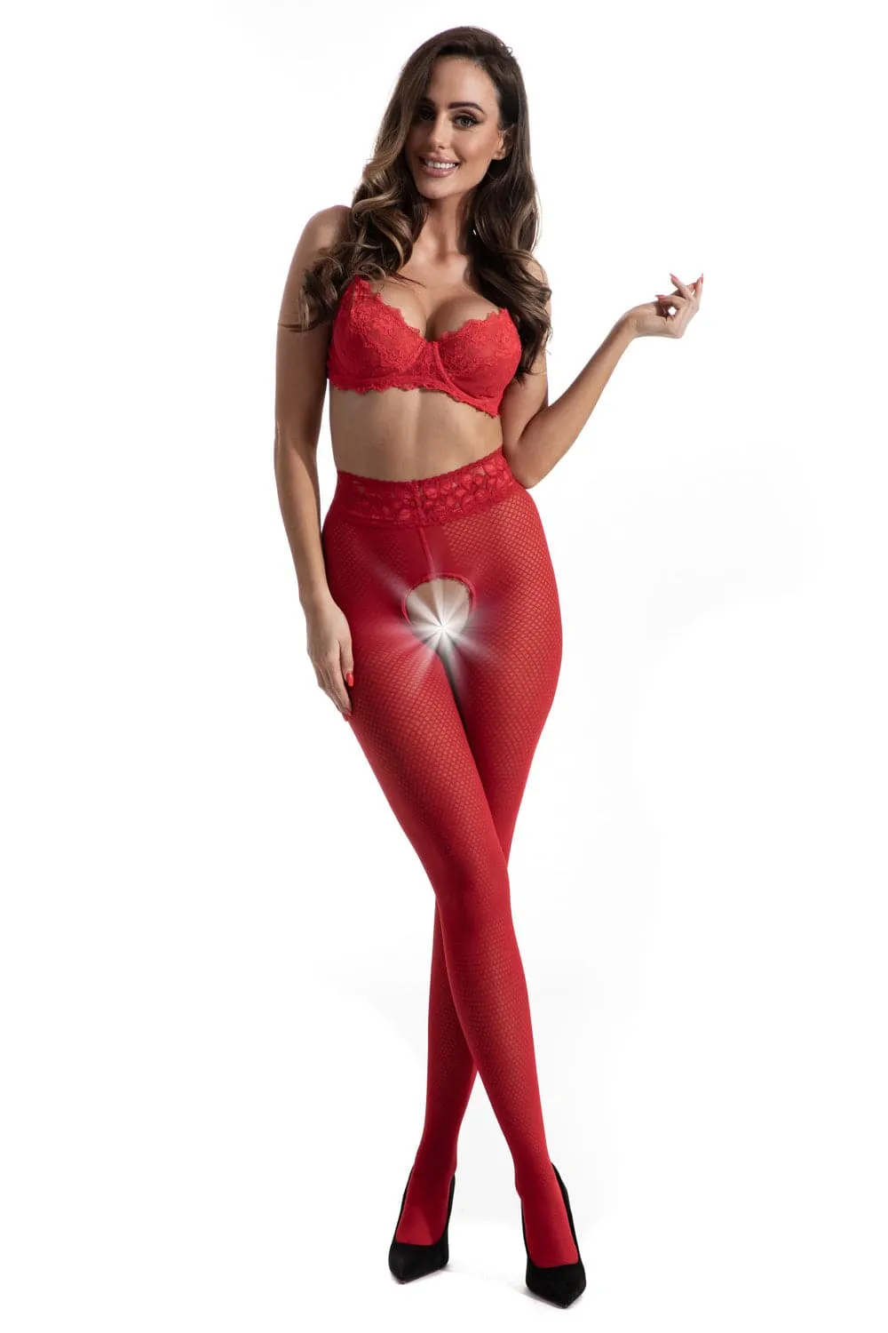 Nymph Open Crotch Tights Red 30 Denier
