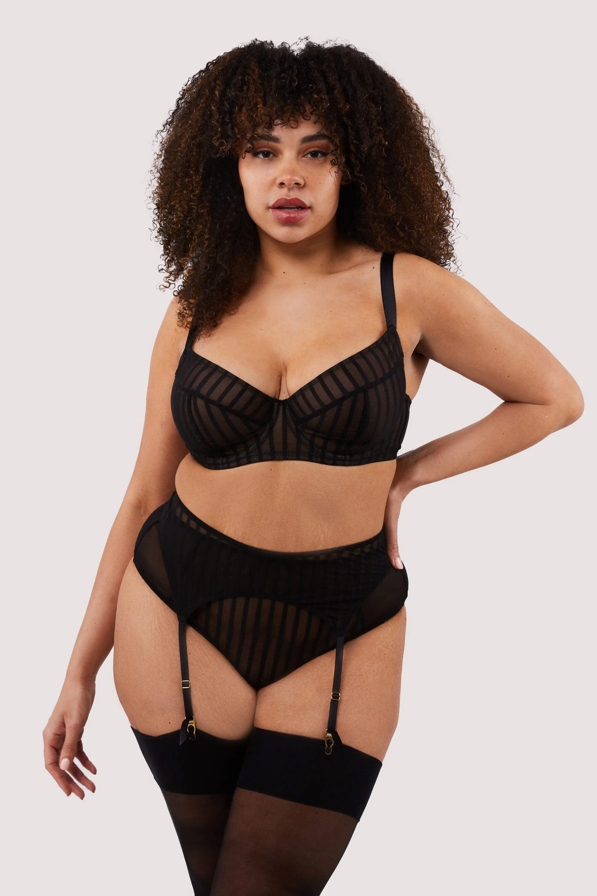 Presley Black Stripe And Lace Trim Suspender