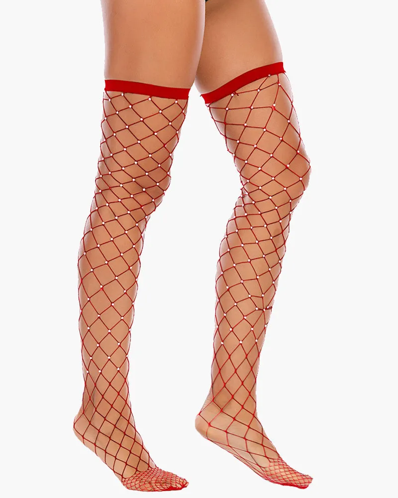 Rhinestone Fishnet Knee High Stockings